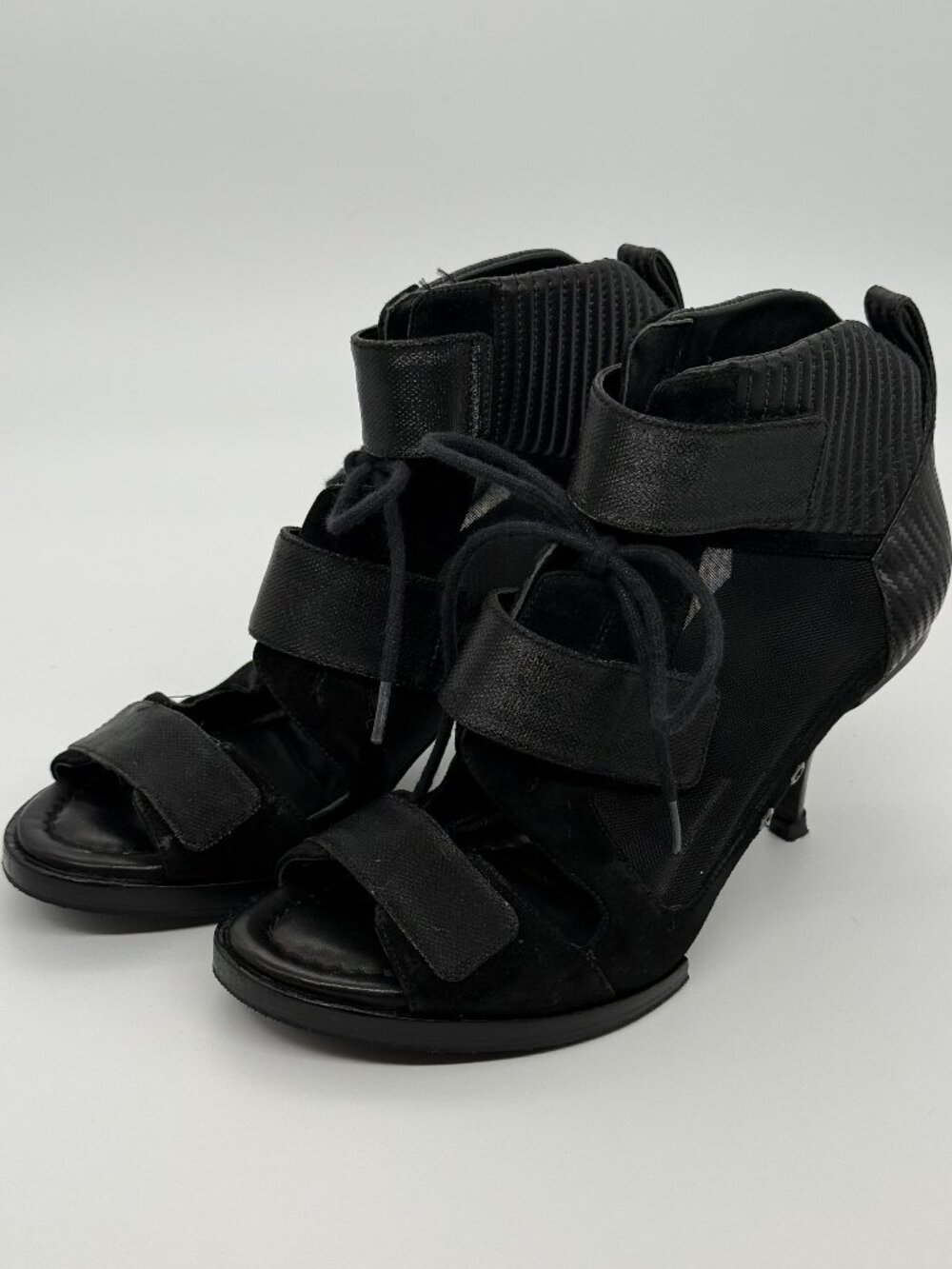 Alexander Wang Black Leather Open Toe Heeled Ankle Booties Size 38
